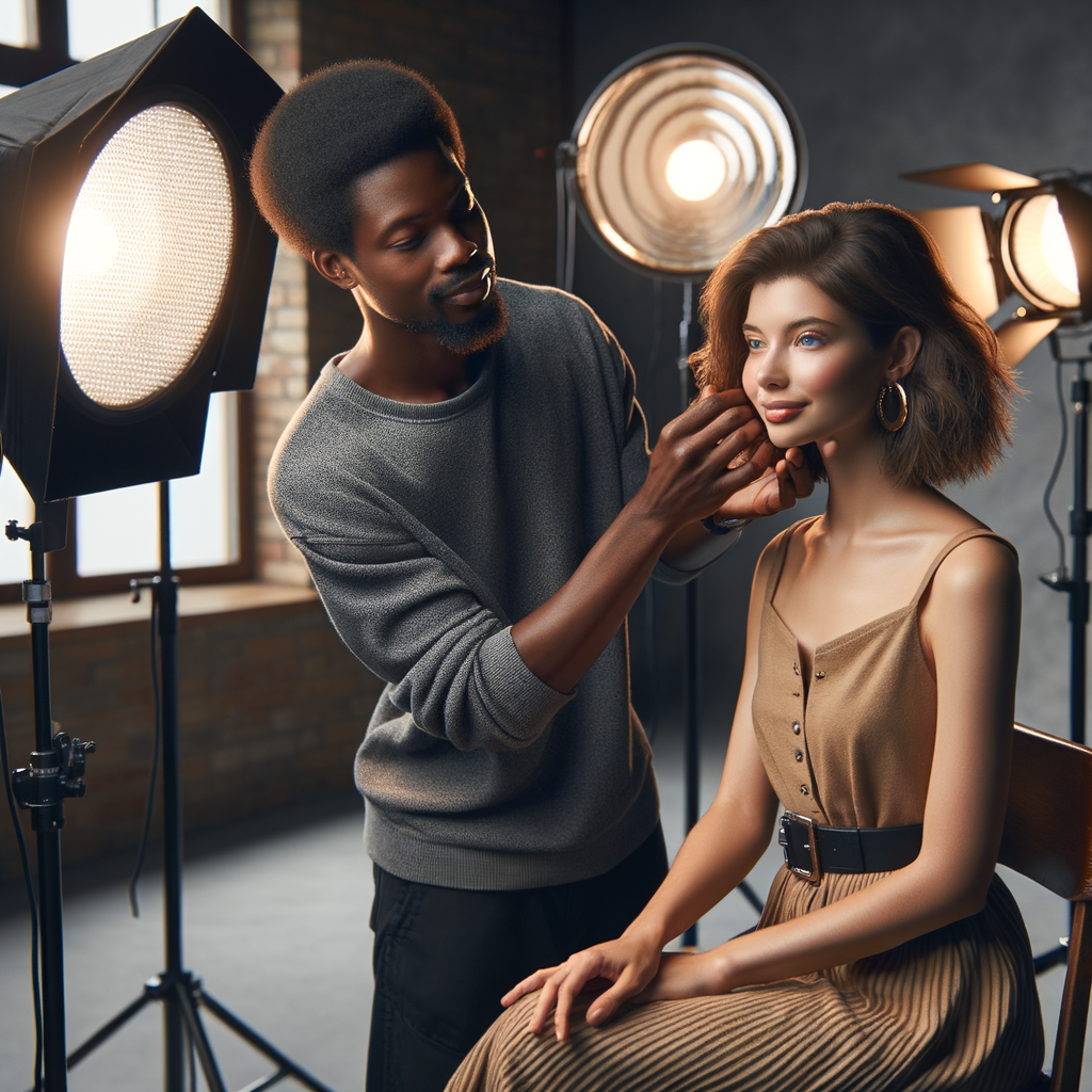 Professional photographer adjusting softbox lights and reflectors around a model, showcasing optimal face capture lighting techniques for portrait photography.