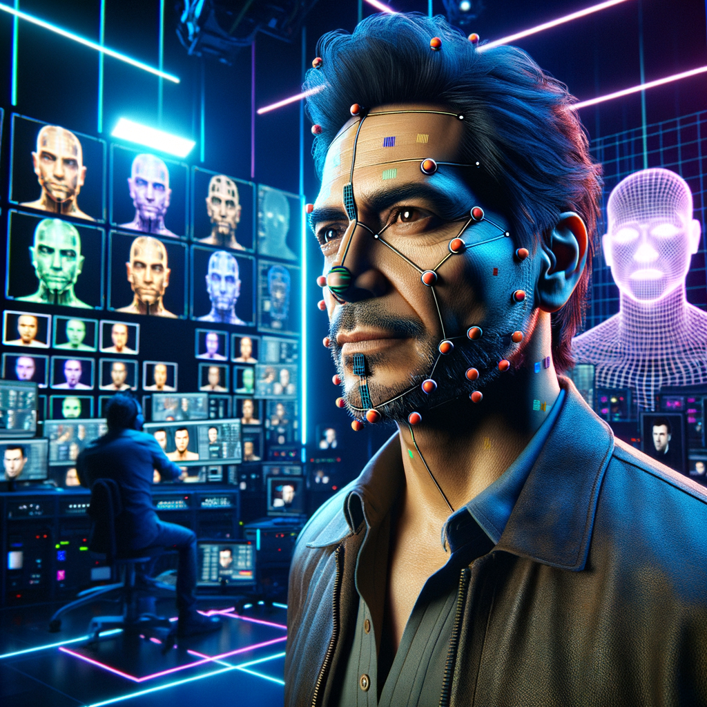 High-tech studio setup with advanced facial capture technology, showcasing real-time facial animation and emotion detection for interactive storytelling in gaming and virtual reality.