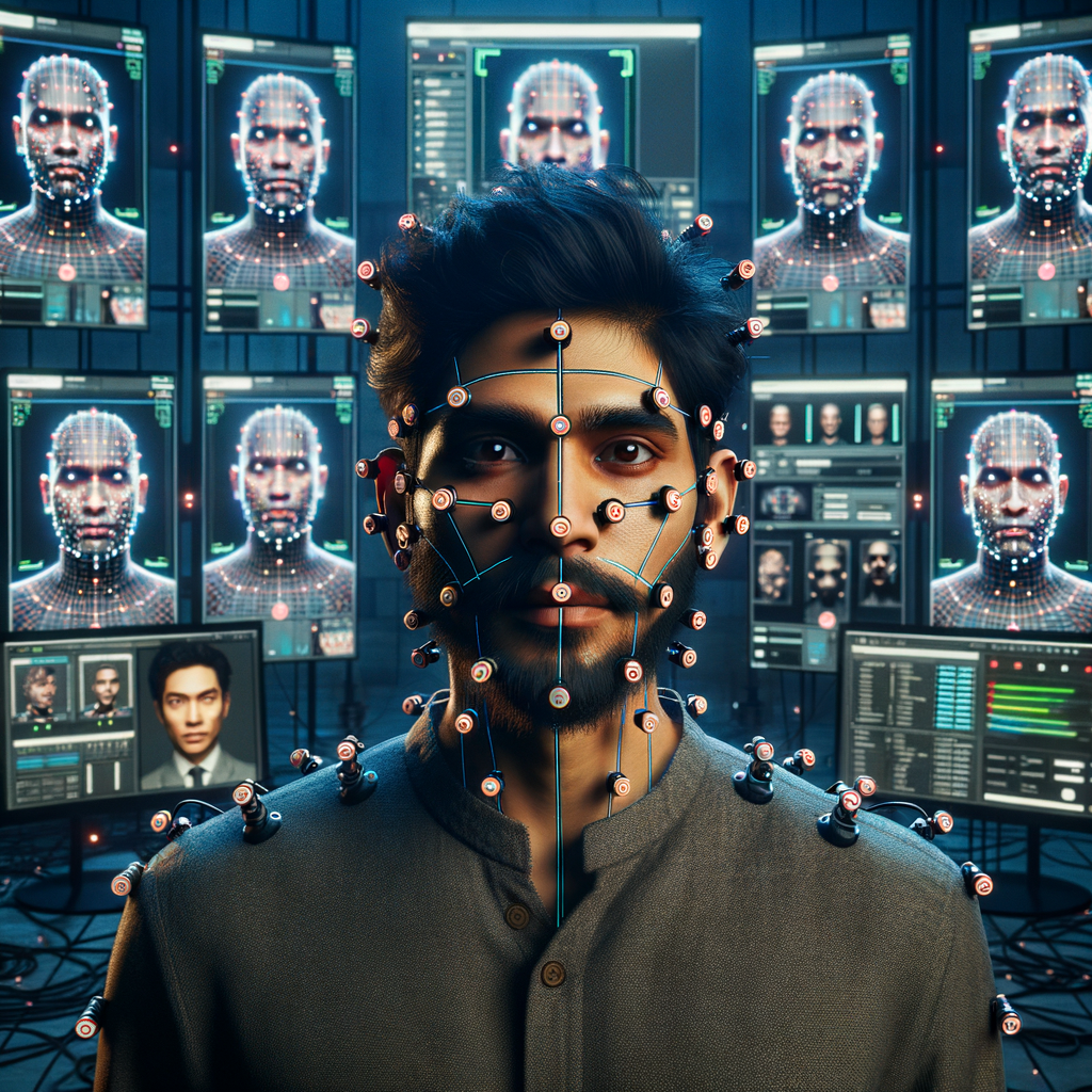High-tech facial motion capture setup with real-time virtual avatar animation, showcasing advanced 3D facial capture technology and facial expression software.